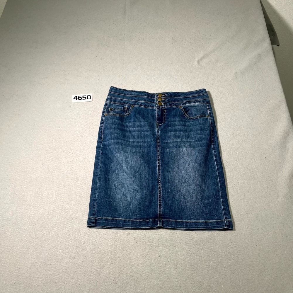 D.Jeans Pencil Skirt Women 8 Blue Denim Medium Wash Stretch Button Fly Back Slit